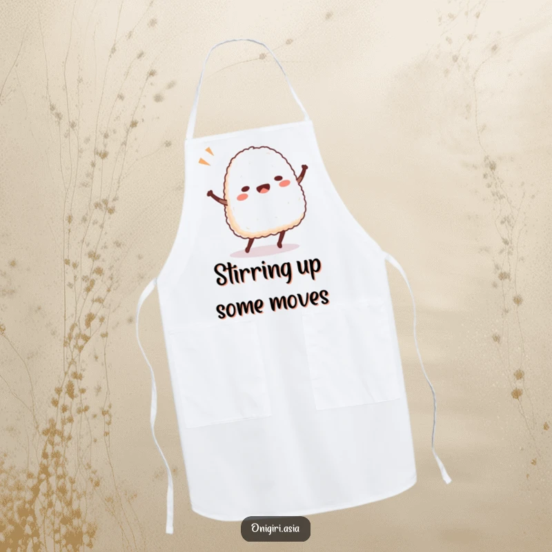 Funny Onigiri Dance Apron depicting a lively rice ball character dancing while cooking, perfect for a humorous kitchen.