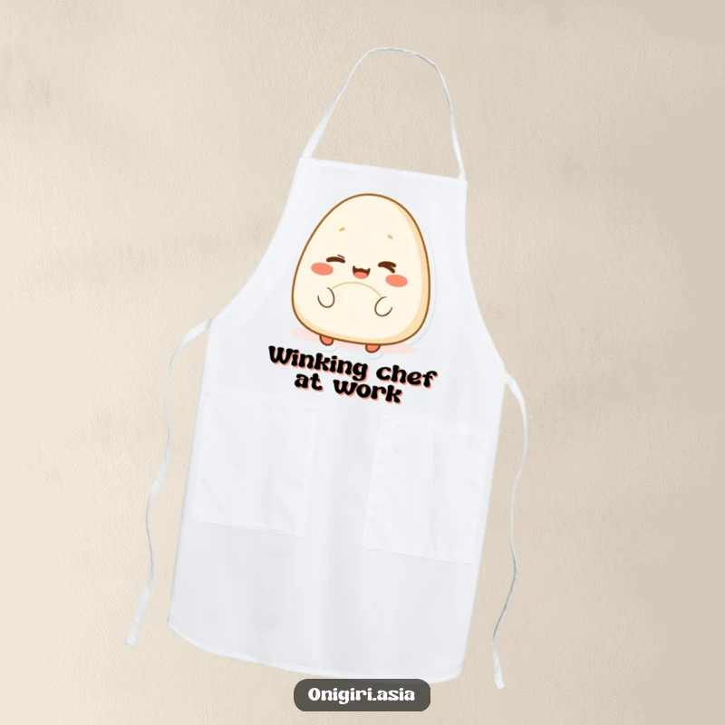 Funny apron showing a happy onigiri character winking playfully, a humorous and practical kitchen accessory for food lovers.