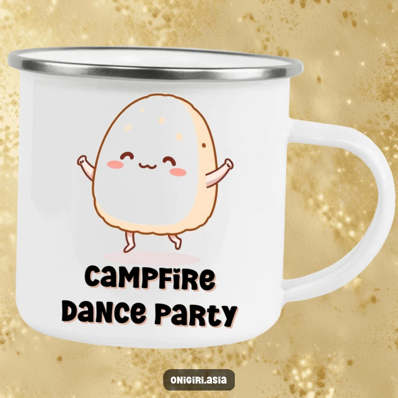Funny camping mug with a happy onigiri character on tiny legs doing a dance, perfect for humorous outdoor enjoyment.