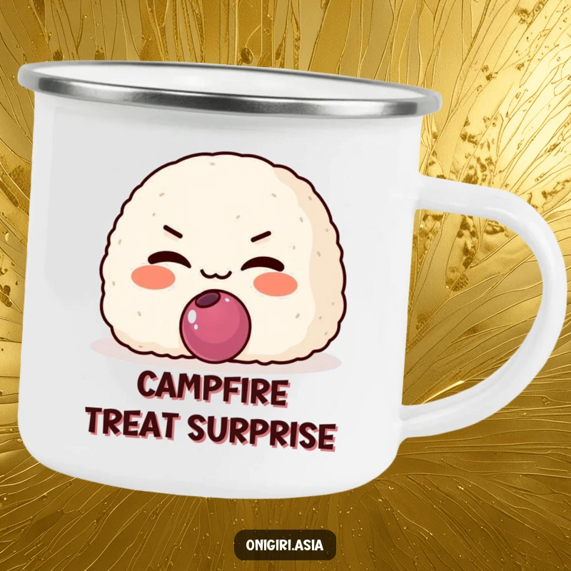 Funny Mischievous Onigiri Camping Mug featuring a grinning rice ball character offering a plum, perfect for outdoor fun.