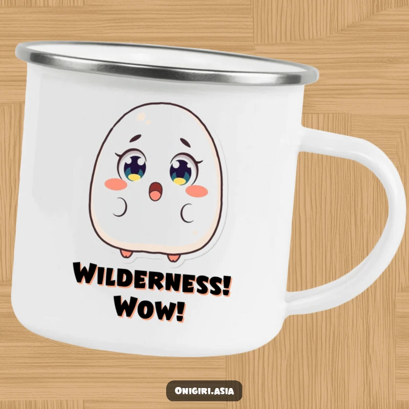 Funny Surprised Onigiri Camping Mug featuring a rice ball character with wide, shocked eyes, perfect for outdoor surprises.