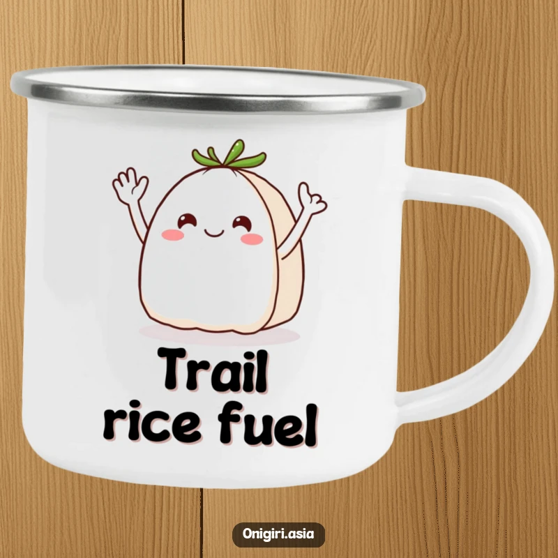 Funny Onigiri Camping Mug: Durable enamel mug featuring a cheerful rice ball with energetic wavy arms waving hello.