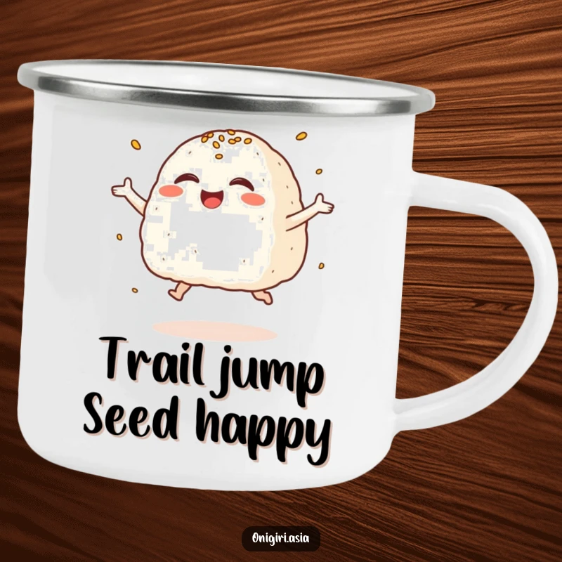 Funny Giggling Onigiri Camping Mug featuring a rice ball character leaping joyfully, perfect for happy adventures.
