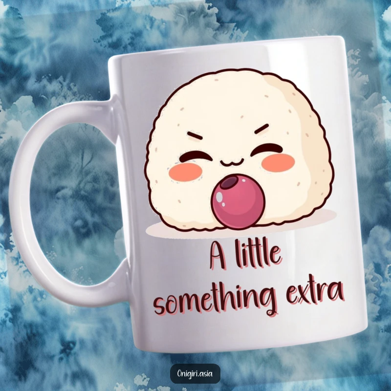 Funny Mischievous Onigiri Mug with a grinning rice ball character coyly offering a tiny plum filling.