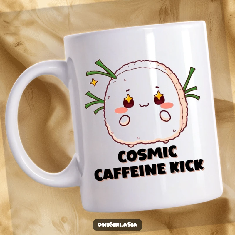 Funny mug with an onigiri character with starry eyes skillfully juggling strips of seaweed, conveying humorous wonder.
