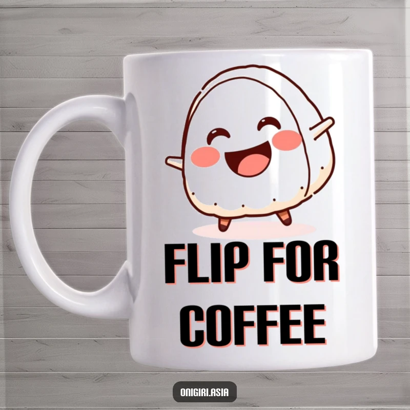 Funny mug featuring a smiling onigiri with a wide crescent mouth performing a cartwheel, full of humorous action.
