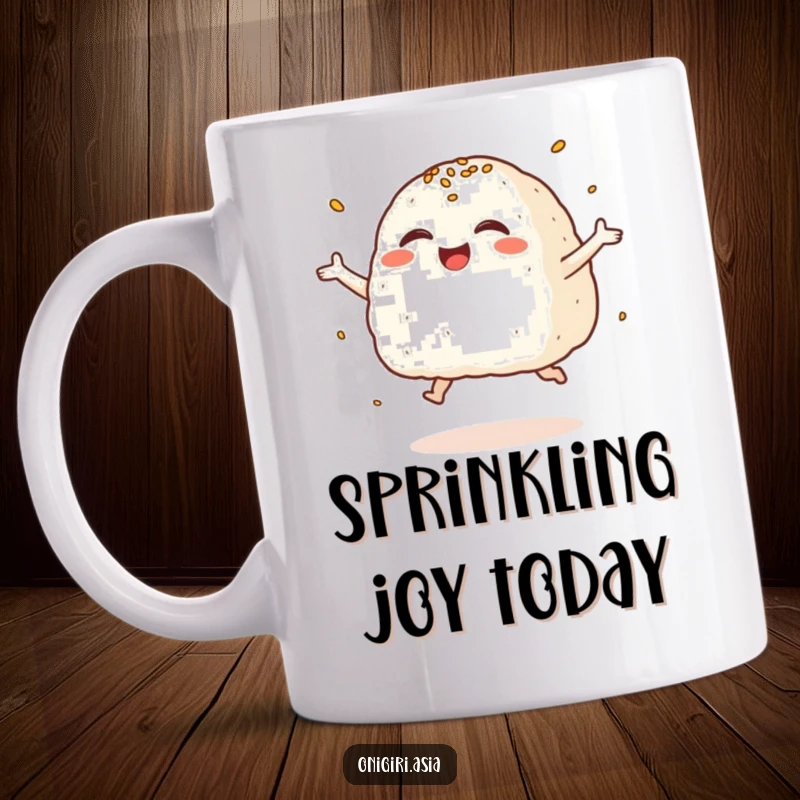 Funny Giggling Onigiri Mug showing a happy rice ball character leaping with joy, sprinkled with sesame seeds.
