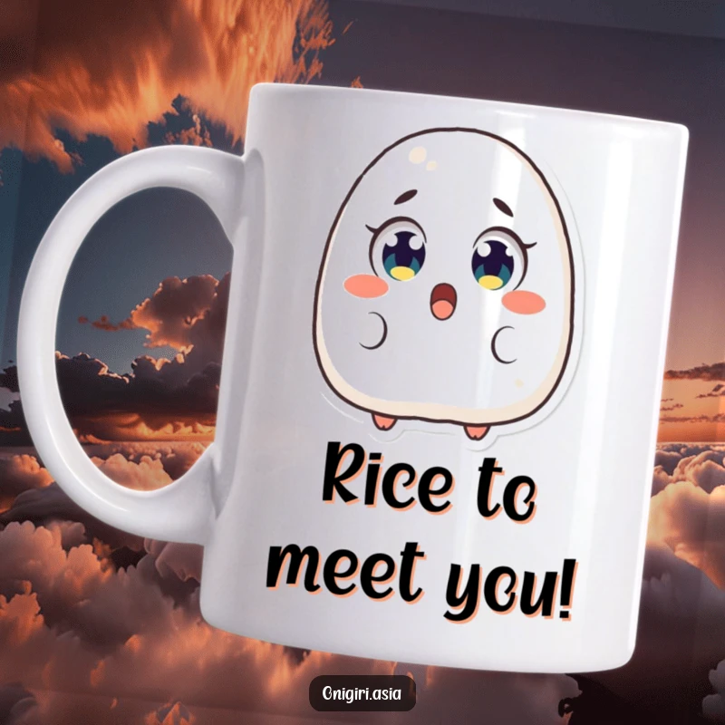 Funny Surprised Onigiri Mug featuring a comical rice ball character with huge, excited eyes, showing utter astonishment.