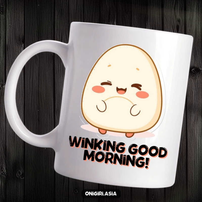 Funny mug showing a happy onigiri character with a cheerful expression winking playfully, a delightful and humorous food illustration.