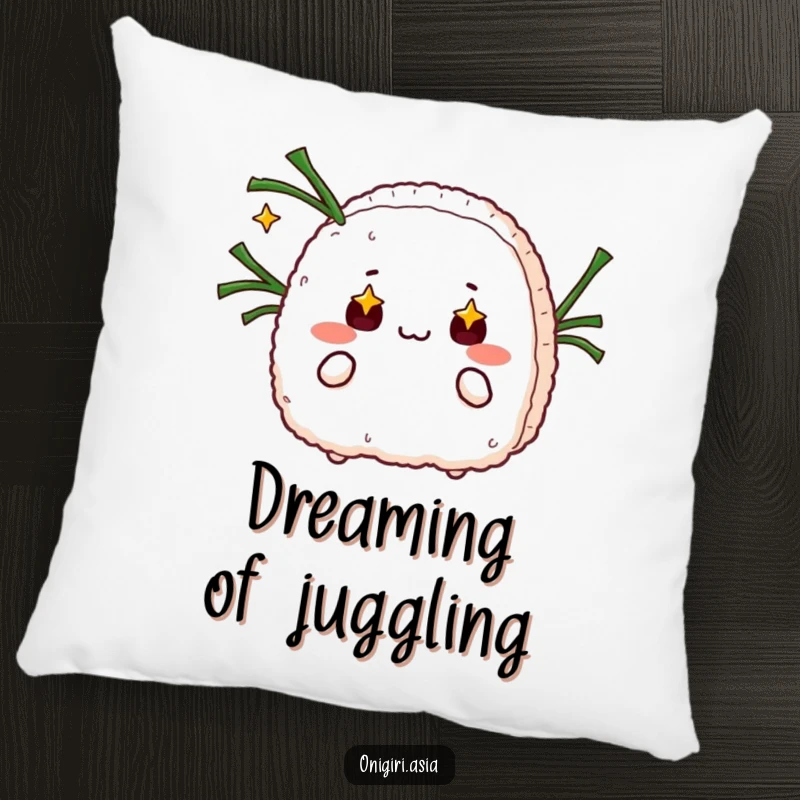 Funny pillow featuring a starry-eyed onigiri juggling seaweed strips, offering humorous and whimsical comfort.