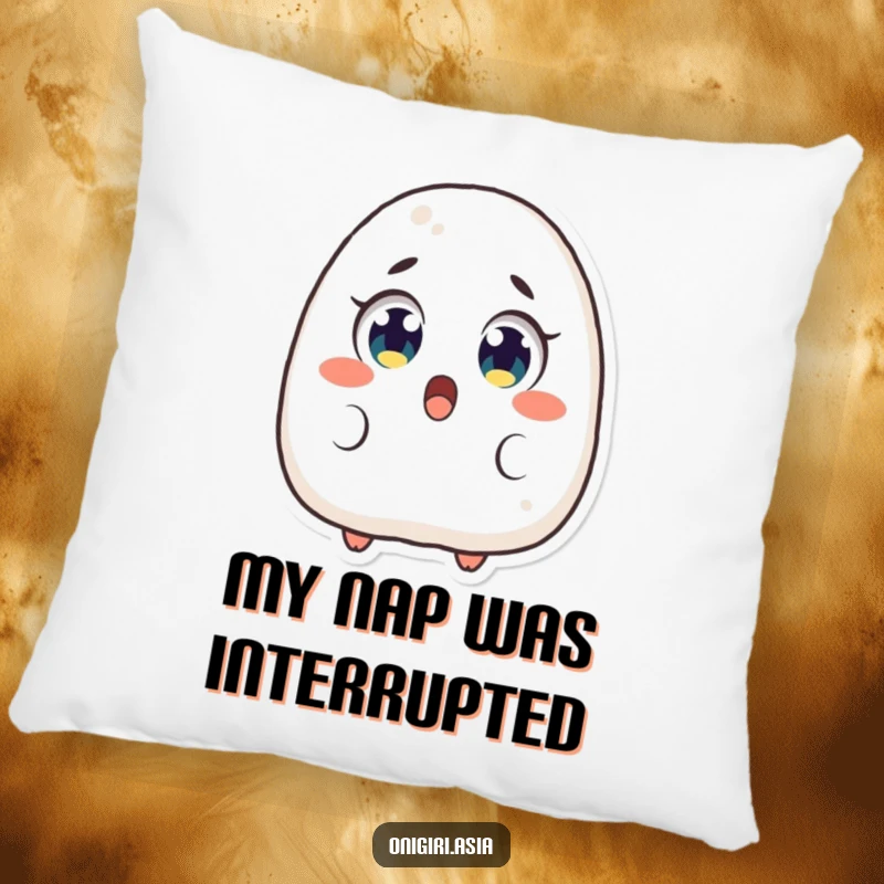Funny Surprised Onigiri Pillow featuring a rice ball character with exaggeratedly wide, excited eyes, perfect for cozy humor.