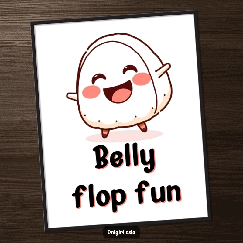 Funny digital art print of a smiling onigiri with a crescent mouth doing a cartwheel, creating humorous and energetic wall art.