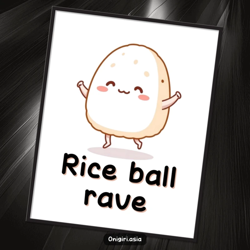 Funny digital art print of a happy onigiri character with tiny legs doing a dance, creating humorous and joyful wall art.