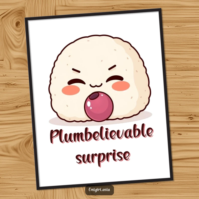 Funny Mischievous Onigiri Digital Art Print of a grinning rice ball character slyly offering a plum, perfect for decor.