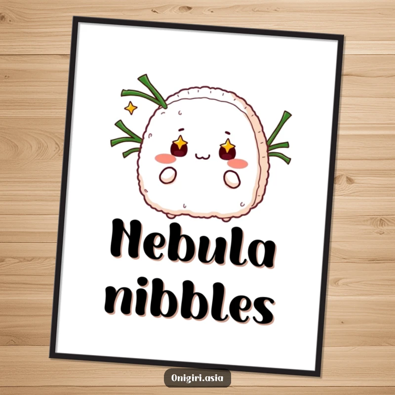 Funny digital art print of a starry-eyed onigiri juggling seaweed strips, creating humorous and whimsical wall art.