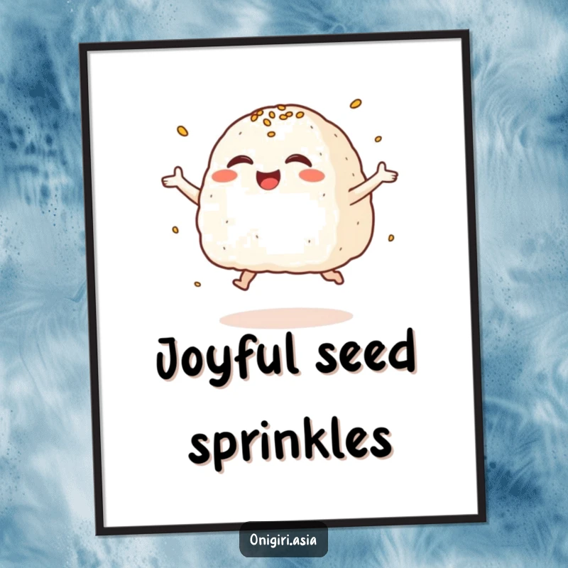 Funny Giggling Onigiri Digital Art Print of a rice ball character joyfully leaping with laughter, perfect for decor.