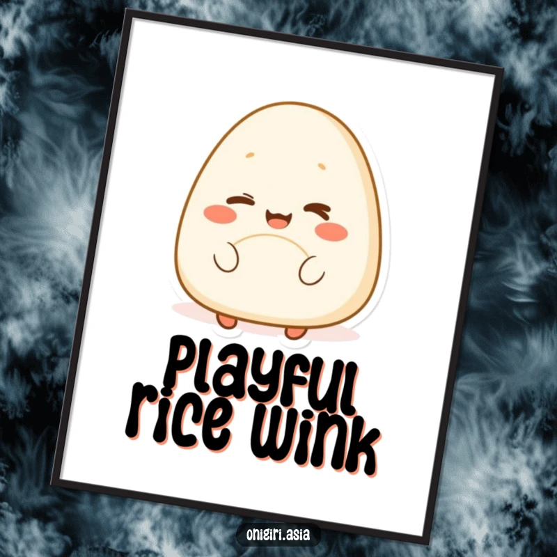 Funny digital art print of a happy onigiri character with a cheerful expression winking playfully, a whimsical and humorous food illustration.