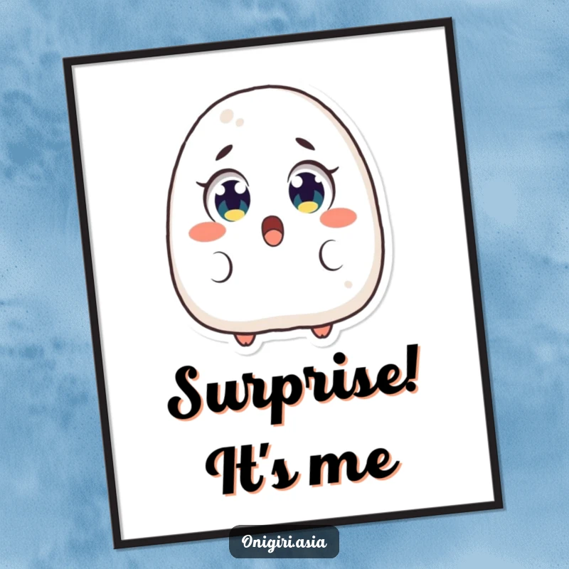 Funny Surprised Onigiri Digital Art Print of a rice ball character with comically large, excited eyes, perfect for decor.