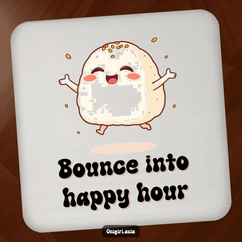 Funny Giggling Onigiri Coaster featuring a rice ball character leaping with joy, perfect for adding cheer.