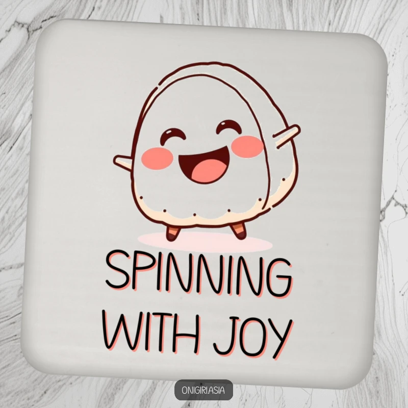 Funny drink coasters featuring a smiling onigiri with a crescent mouth doing a cartwheel, offering humorous surface protection.