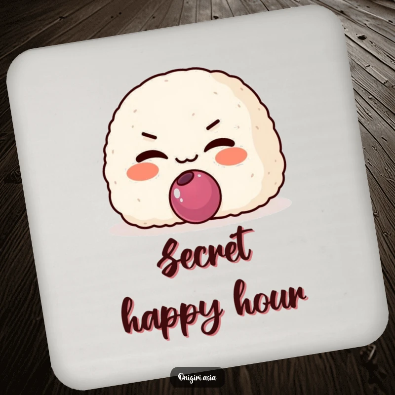 Funny Mischievous Onigiri Coaster featuring a grinning rice ball character offering a tiny plum, perfect for decor.