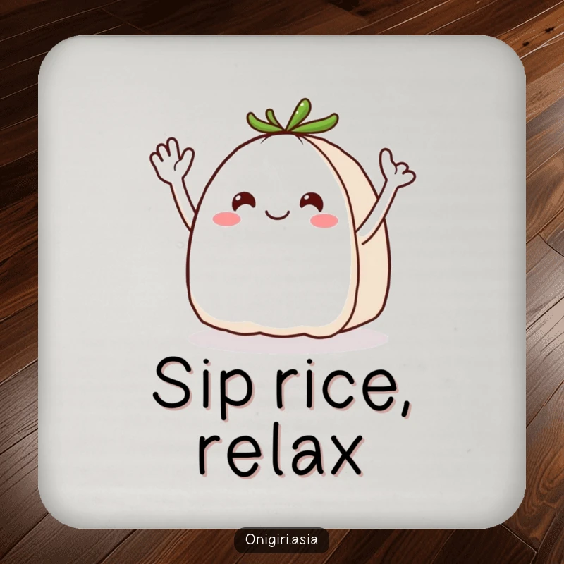 Funny Onigiri Coaster: A cheerful rice ball character with energetic wavy arms waving, protecting surfaces with a smile.