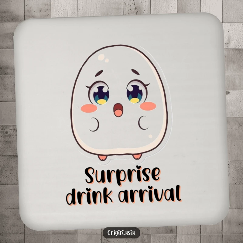 Funny Surprised Onigiri Coaster featuring a rice ball character with comically wide eyes, perfect for surface protection.