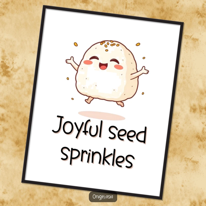 Funny Giggling Onigiri Poster showing a rice ball character joyfully leaping with giggles and sesame seed sprinkles.
