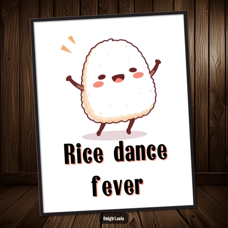 Funny Onigiri Poster showcasing a rice ball character in a dynamic, comical dance pose, vibrant and full of life.