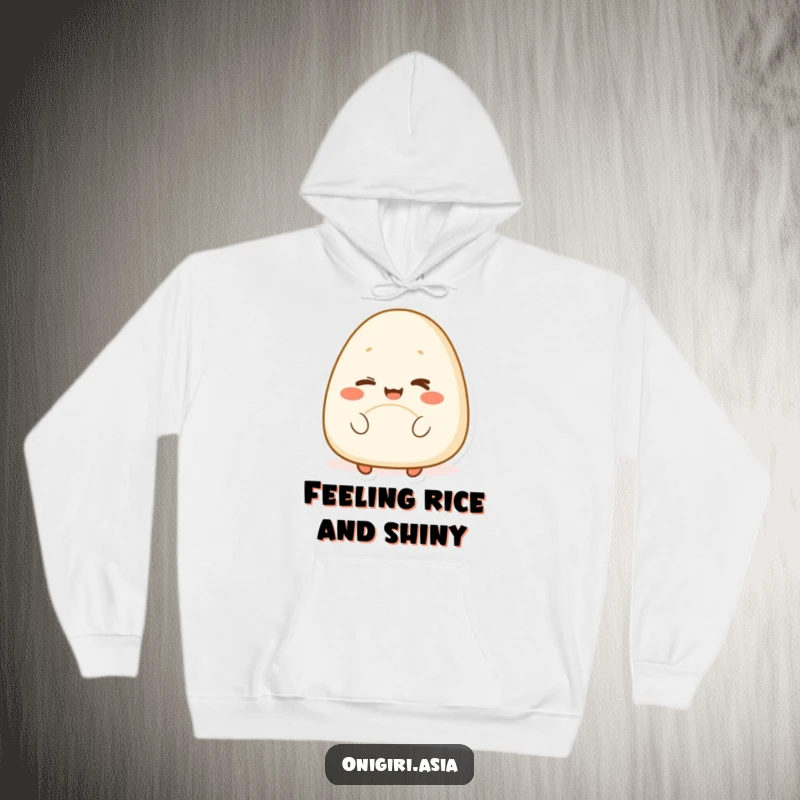 Funny hoodie with a cheerful onigiri character winking playfully, a cozy and humorous design for lovers of Japanese cuisine.