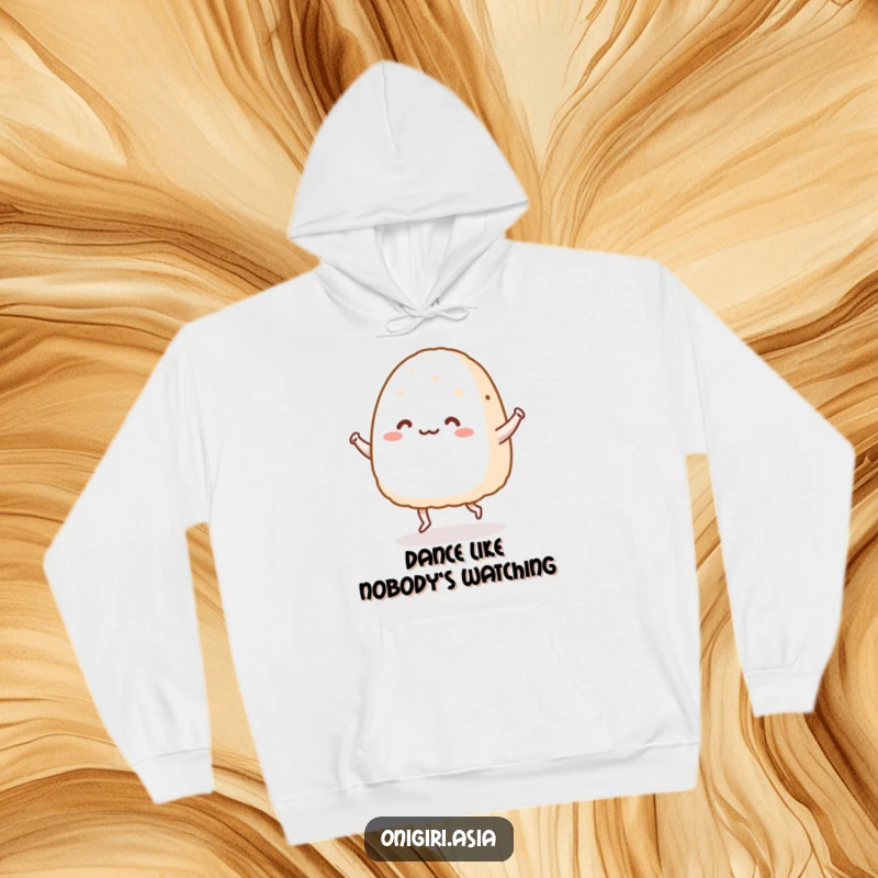 Funny hoodie depicting a happy onigiri character on tiny legs doing a lively dance, radiating humorous delight.