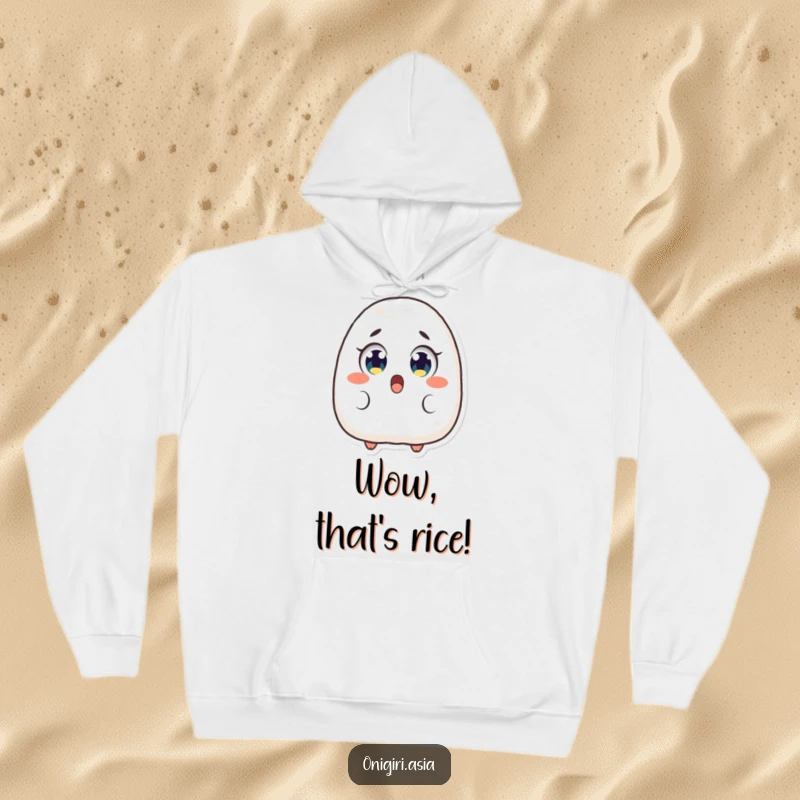 Funny Surprised Onigiri Hoodie featuring a rice ball character with wide, shocked eyes, offering cozy, humorous comfort.