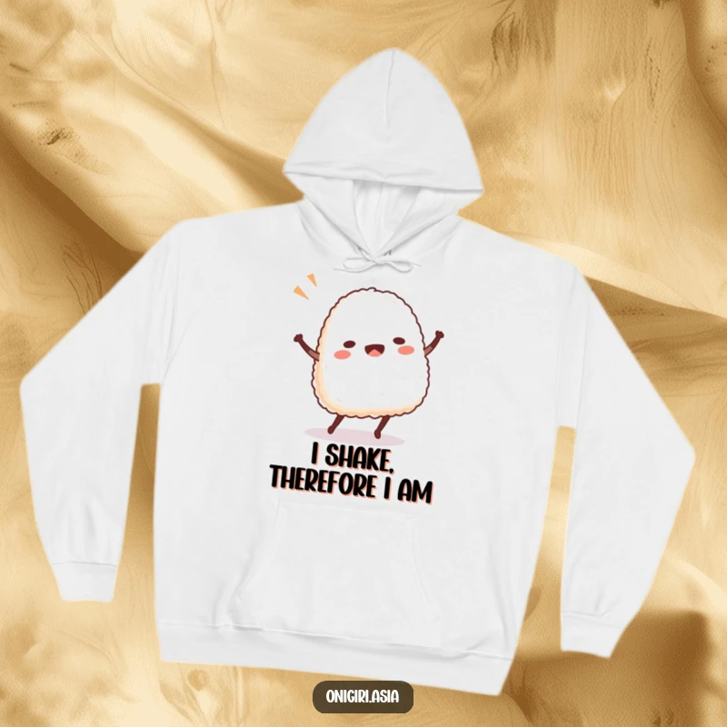 Funny Onigiri Hoodie showing a happy rice ball character dancing energetically, perfect for cozy, humorous wear.