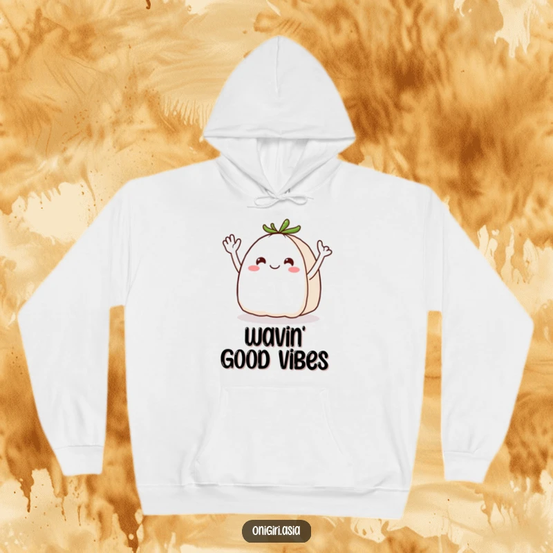 Funny Onigiri Hoodie: Cozy hooded sweatshirt showcasing a joyful rice ball character with energetic, wavy arms waving warmly.