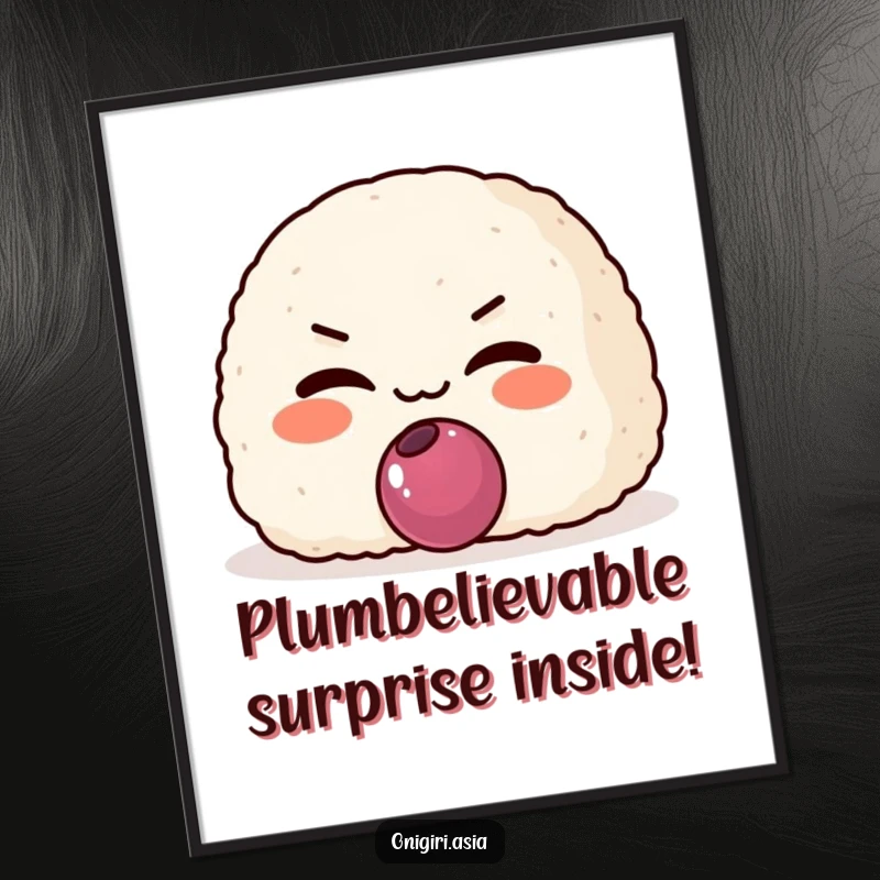 Funny Free Printable Wall Art: A charming onigiri character grins slyly, holding out a small plum filling.