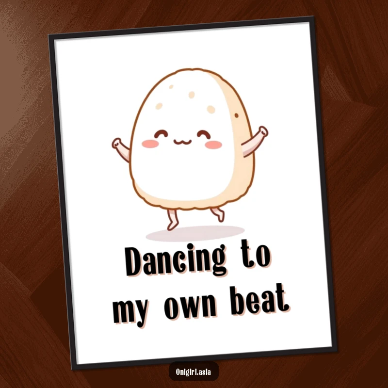 Funny Free Printable Wall Art: A cheerful onigiri character with tiny legs performs a happy dance, bringing smiles to your decor. Downloadable.