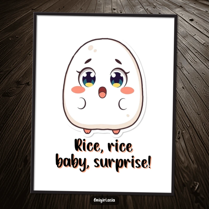 Funny Free Printable Wall Art: A comical onigiri with enormous, excited eyes looks surprised and delighted.