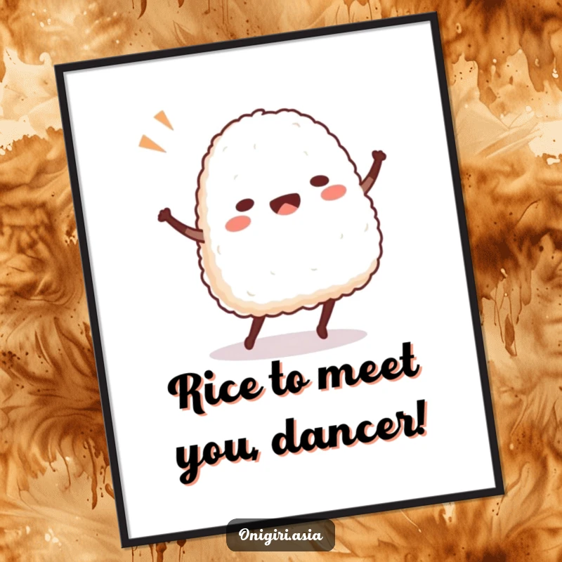 Funny Free Printable Wall Art: A charming onigiri character dances merrily, its rice body swaying energetically and playfully.