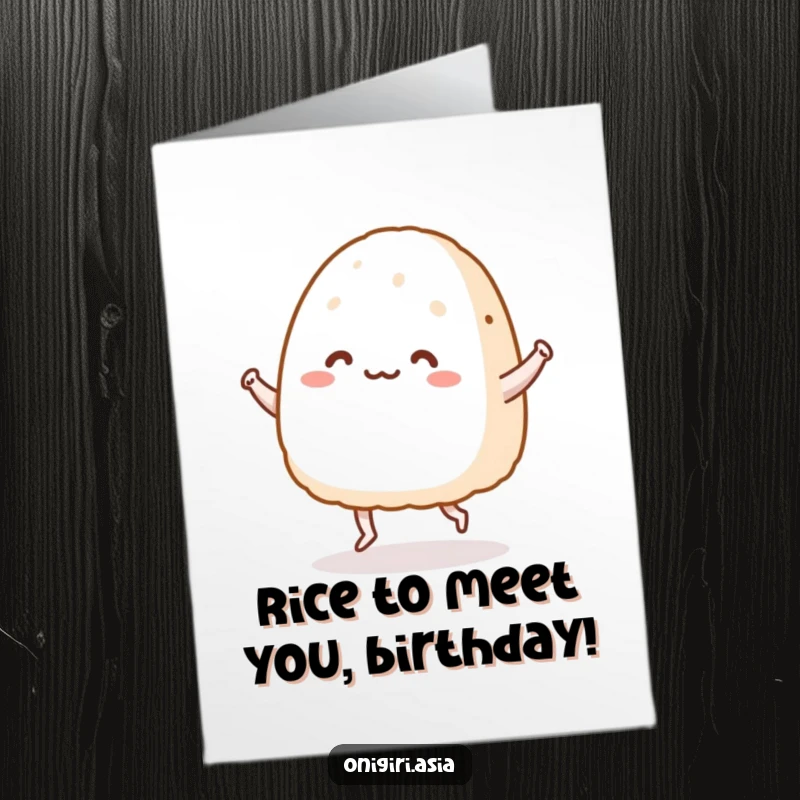 Funny Free Printable Birthday Card: A happy onigiri character with tiny legs does an energetic dance, celebrating the day. Downloadable.