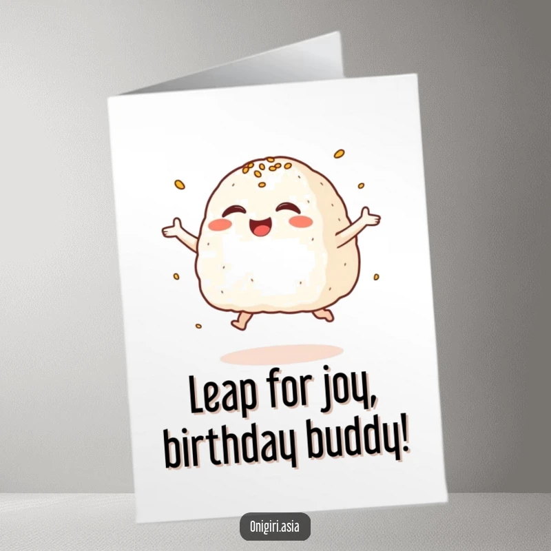 Funny Free Printable Birthday Card: A joyous onigiri giggles while leaping, sesame seeds scattering like confetti.