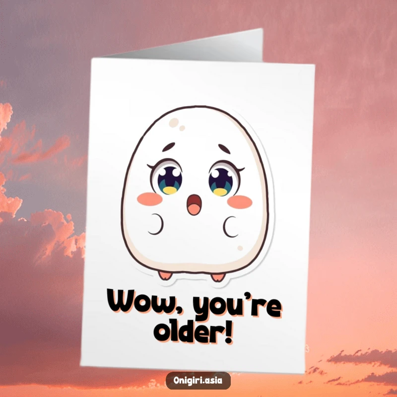Funny Free Printable Birthday Card: A cute onigiri with wide, excited eyes looks utterly surprised and happy.