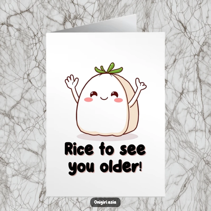 Funny Free Printable Birthday Card depicting a cheerful onigiri with energetic wavy arms waving hello, ready for celebration.