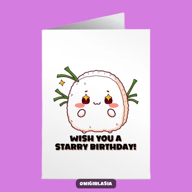 Free Printable Birthday Card: Starry-Eyed Onigiri Juggler - Funny Downloadable Gift for Foodies
