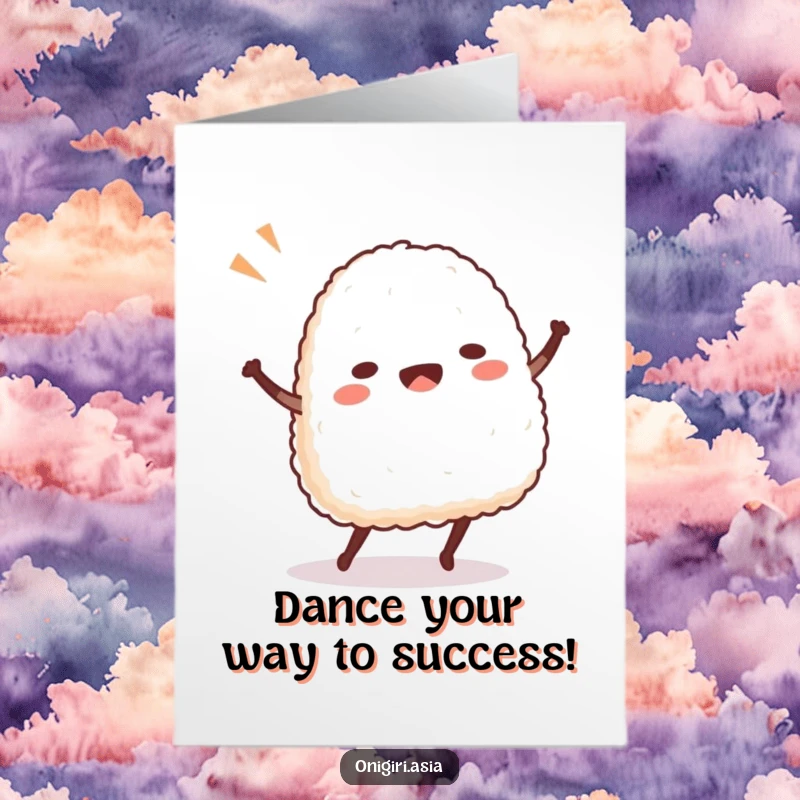 Funny Free Printable Congratulations Card: An onigiri in a celebratory dance, its rice body swaying with excitement.