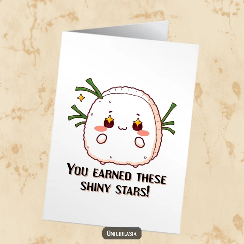 Funny Free Printable Congratulations Card: An onigiri with starry eyes juggles seaweed strips, celebrating your dazzling achievement. Downloadable.