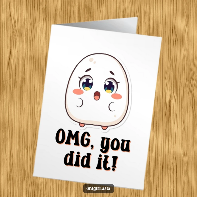 Funny Free Printable Congratulations Card: An onigiri with huge, excited eyes expresses pure surprise and amazement.