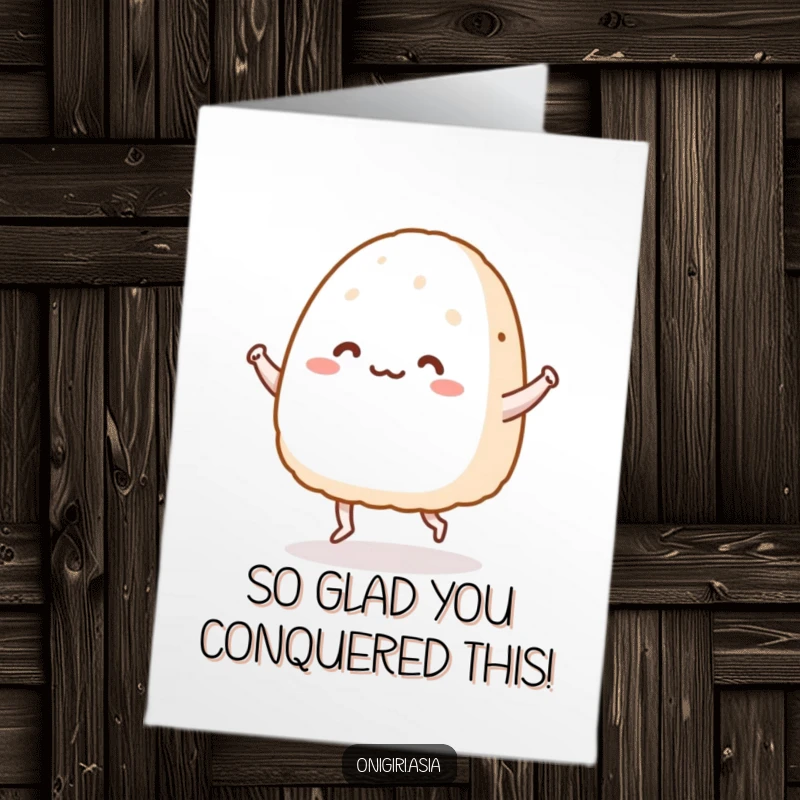 Funny Free Printable Congratulations Card: An onigiri character with tiny legs joyfully dances, celebrating a wonderful success. Downloadable.