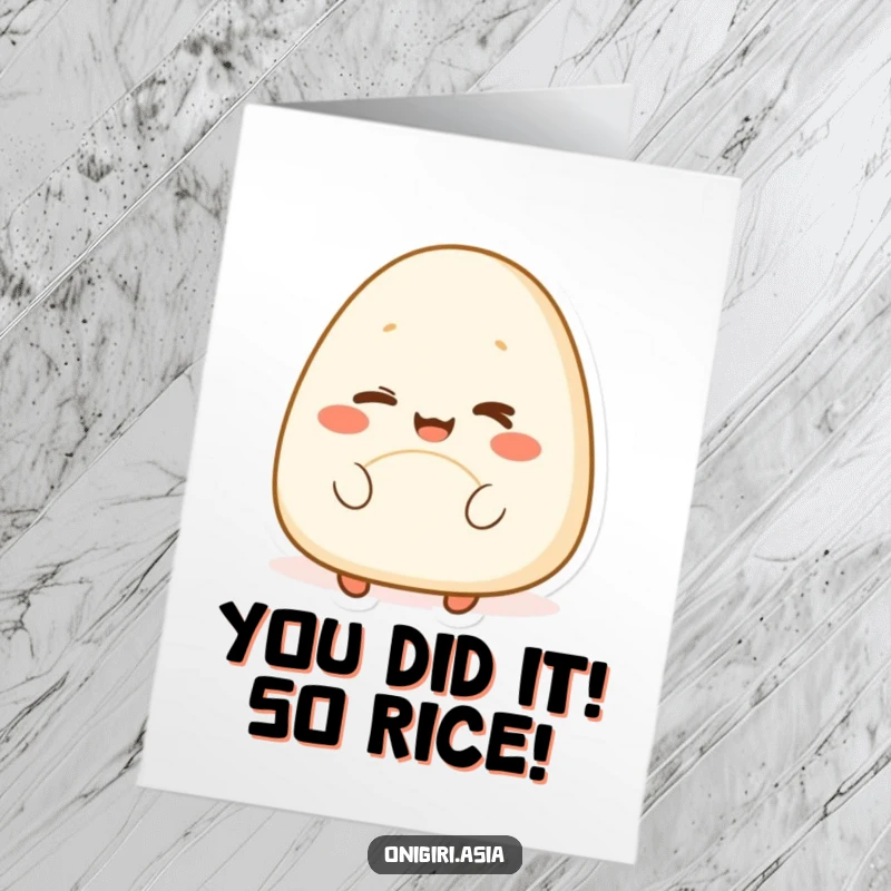 Funny Free Printable Congratulations Card shows a cheerful onigiri character with a big smile and a playful wink.