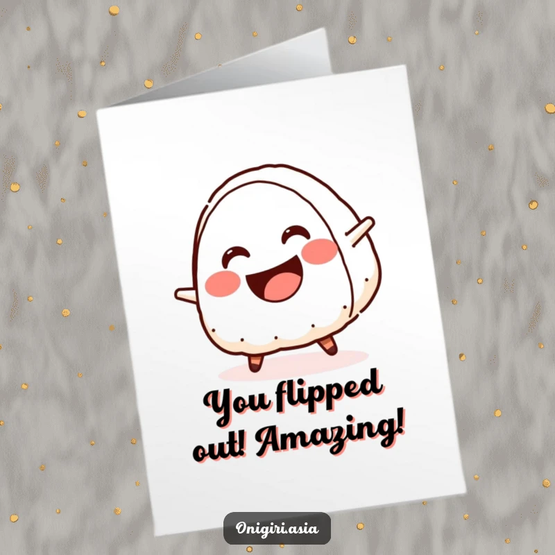 Funny Free Printable Congratulations Card: A smiling onigiri with a wide mouth happily performs a cartwheel, cheering your success. Downloadable.