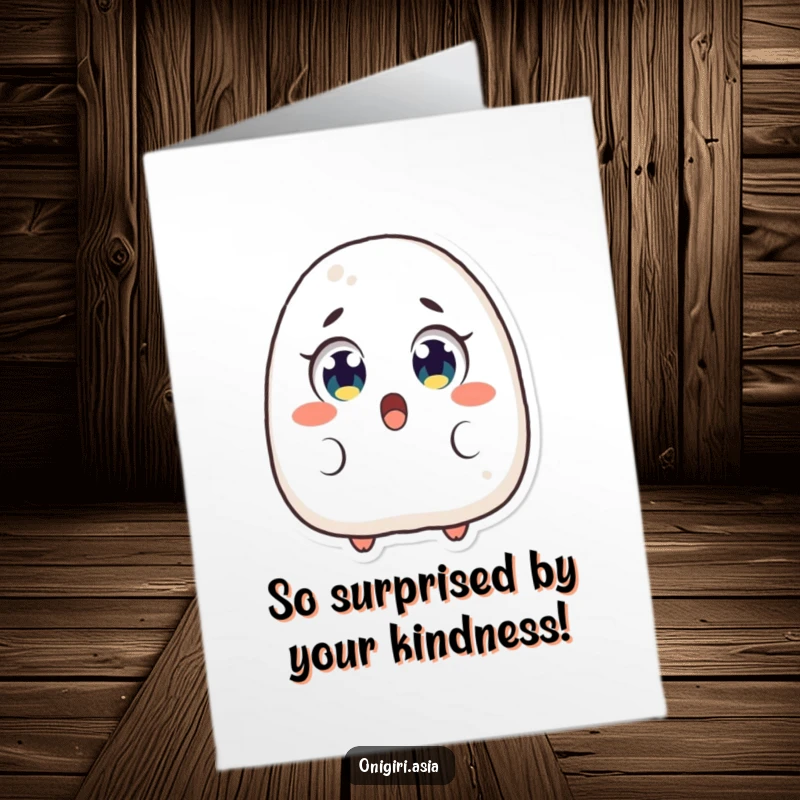 Funny Free Printable Thank You Card: An onigiri character gasps with wide, surprised eyes, showing immense gratitude.